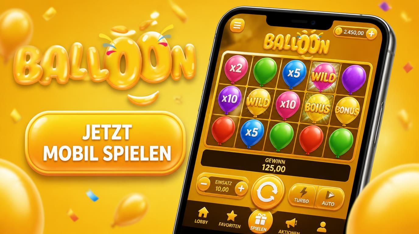 Ein Smartphone zeigt das Balloon-Spiel, Menükacheln und Touch-Bedienung sichtbar